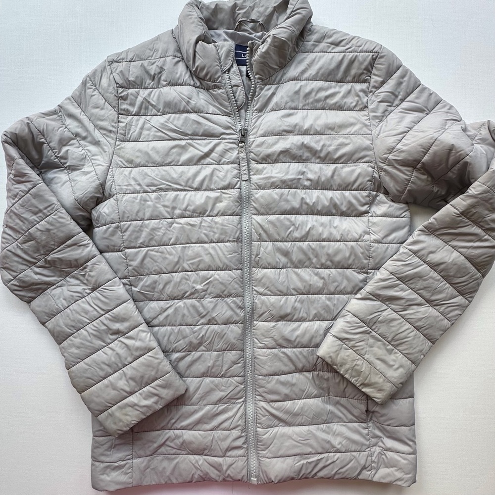 Lands End light gray or silver full zip winter puffer coat girls large 14-16 EUC